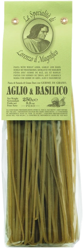 Linguine Aglio e Basilico – Pasta mit Knoblauch- und Basilikumpulver aus Hartweizengrieß, toskanische Handwerksqualität