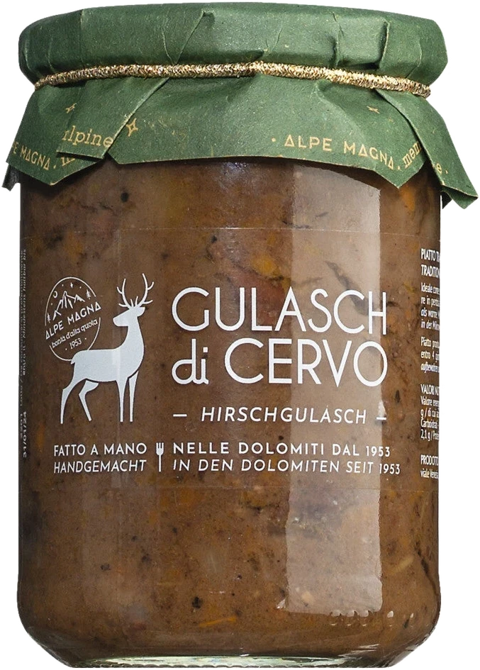 Alpe Magna Gulasch di cervo – Glas mit dunkel geschmortem Hirschgulasch aus den Dolomiten