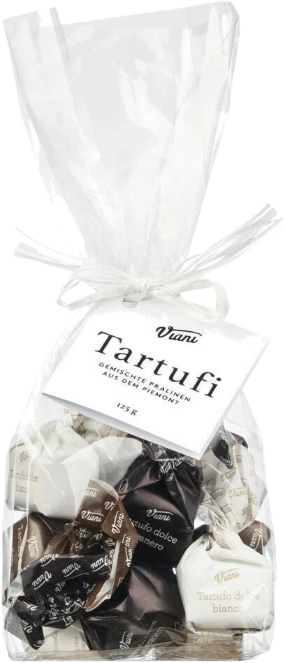 Antica Torroneria Piemontese Tartufi dolci classici misti im Beutel: drei Pralinensorten in Einwickelpapier, pudrig außen.