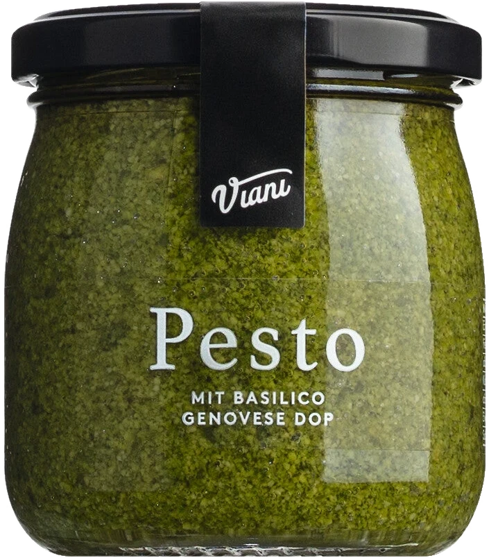 Glas Pesto mit Genueser Basilikum DOP von Antonio Viani, kräftig grün, stückige Textur, ligurisches Produkt