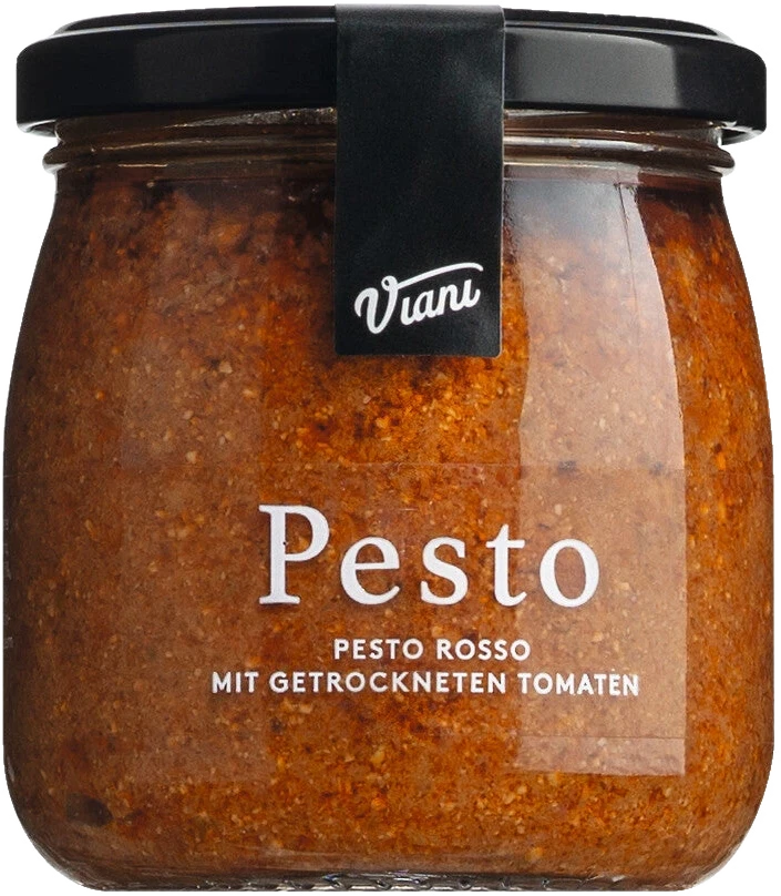 Glas Pesto Rosso mit getrockneten Tomaten von Antonio Viani Importe, roter Aufstrich mit Tomatenstücken sichtbar