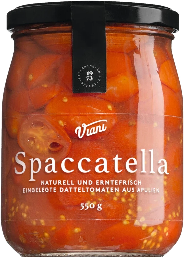 Glas Spaccatella von Antonio Viani Importe mit halbierten apulischen Datteltomaten und Basilikum in hellem Saft
