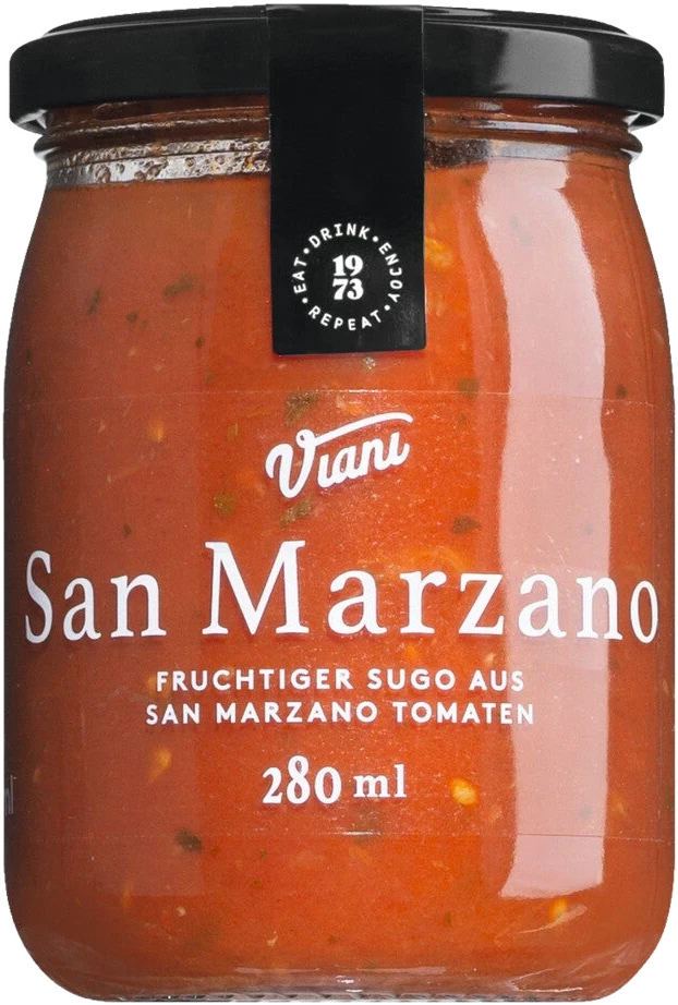 Viani Sugo con pomodoro San Marzano DOP – Tomatensauce mit Olivenöl, Knoblauch und Basilikum im Glas