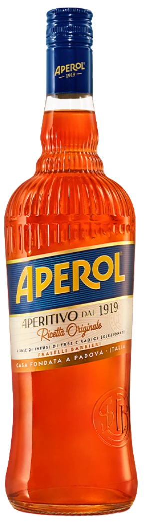 Campari Aperol Aperitif, 1,0-Liter-Flasche mit orangefarbenem Etikett und charakteristischer Flaschenform