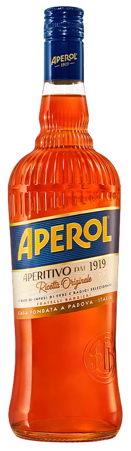 Campari Aperol Aperitif, 11 % Vol., leuchtend orange Flasche mit gelbem Etikett