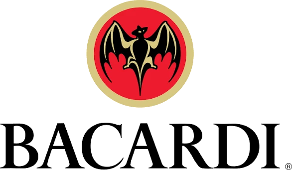 Bacardi-Logo: schwarze Fledermaus auf weißem Grund, Schriftzug Bacardí in geschwungener Typografie