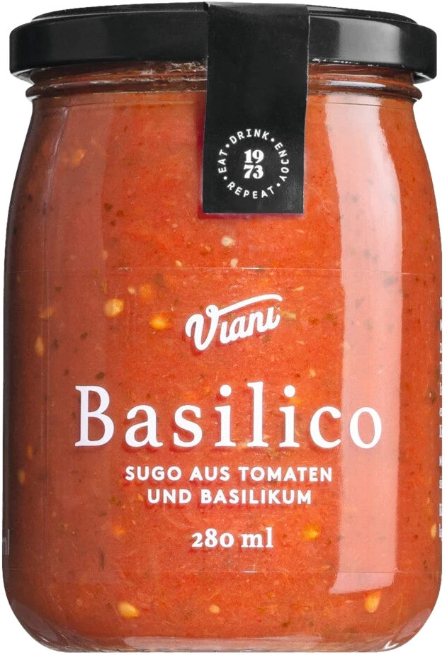 Glas Basilico Sugo mit Tomaten und Basilikum von unbekanntem Hersteller, rote Tomatensauce mit Kräutern sichtbar.