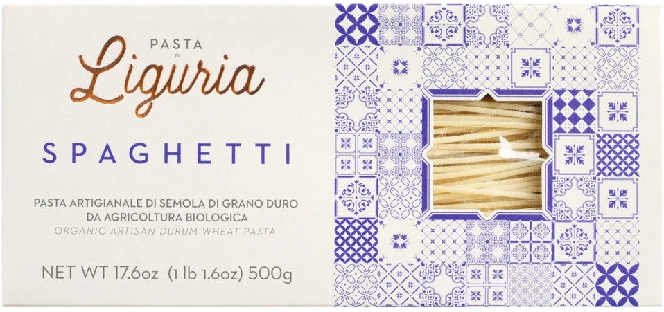 Bio-Spaghetti aus Ligurien, bronzegepresst, raue Textur, klarer Weizencharakter, aus handwerklicher Produktion.