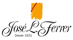 Logo Bodegas José L. Ferrer mit orangefarbenem Pinselstrich und rotem Strich, darunter Schriftzug Desde 1931