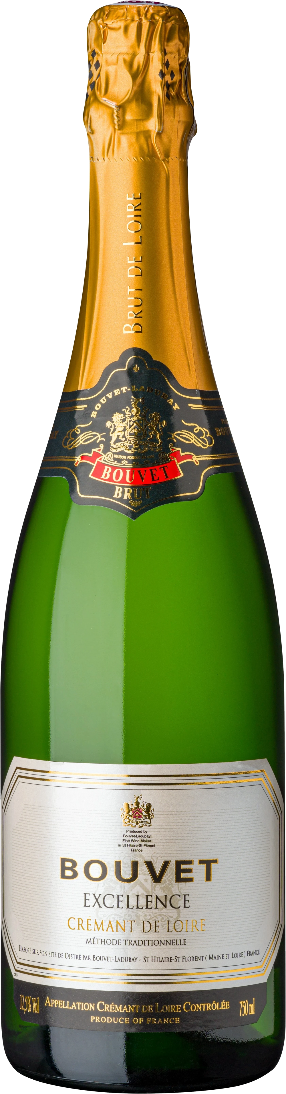 Flasche Bouvet Ladubay Crémant de Loire Excellence Brut, strohgoldene Farbe, feine Perlage