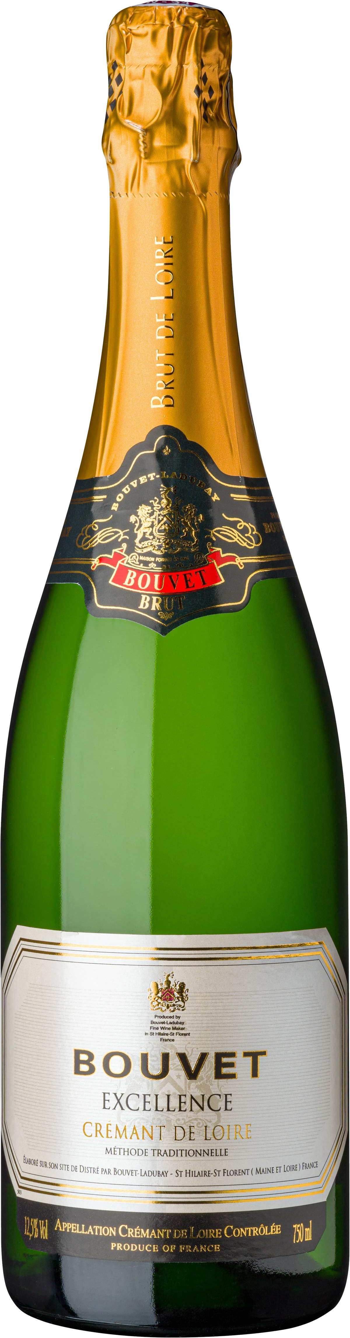 Flasche Bouvet Ladubay Crémant de Loire Excellence Brut, strohgoldene Farbe, feine Perlage