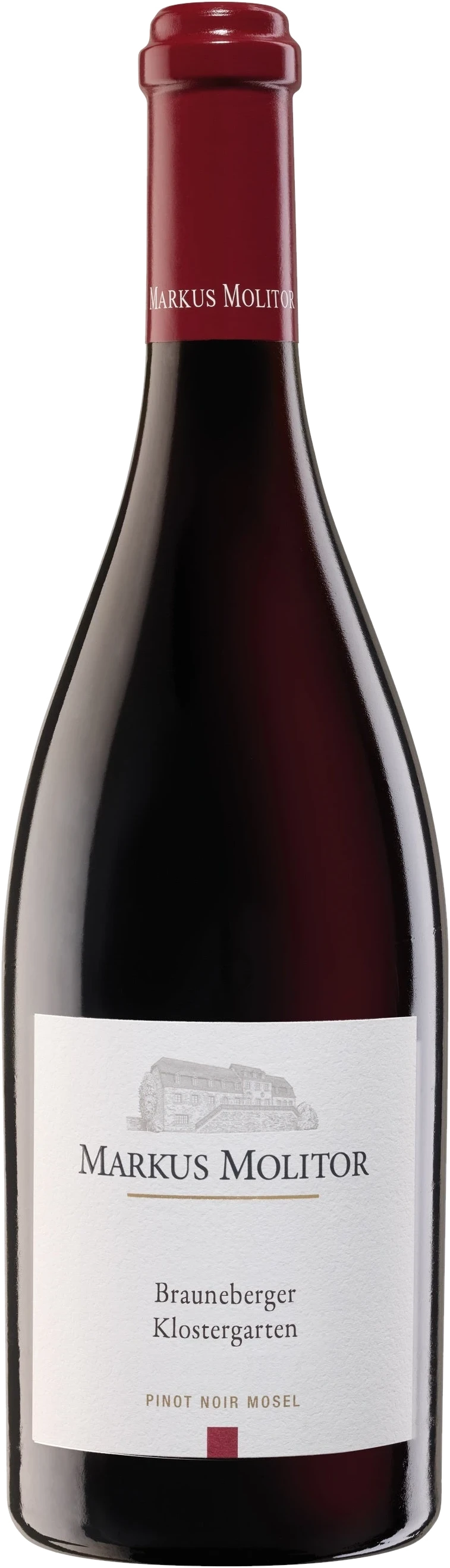 Weingut Markus Molitor Brauneberger Klostergarten Pinot Noir, dunkle Rotweinflasche mit weißem Etikett