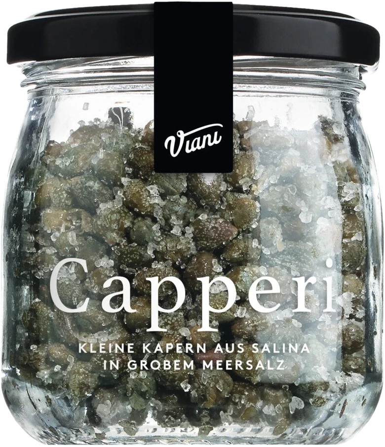Glas mit Kapernknospen in grobem Meersalz – CAPPERI Kapern aus Salina von unbekanntem Hersteller