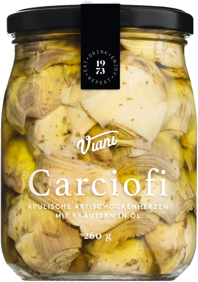 Glas mit ganzen Artischockenherzen in Kräuteröl, CARCIOFI Antipasti aus Italien