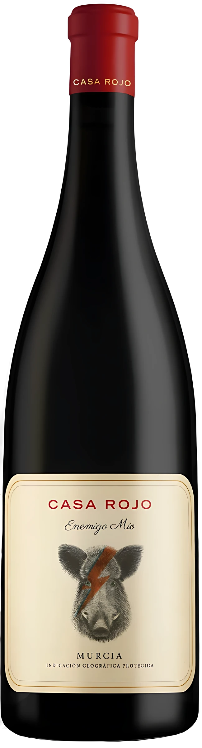 Rotwein-Flasche Casa Rojo Enemigo Mio mit Wildschwein-Etikett, Garnacha aus Murcia, Spanien