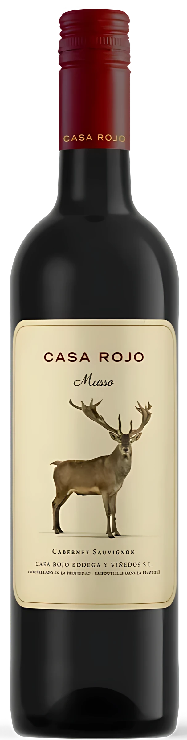 Red wine bottle Casa Rojo El Musso with an eye-catching label