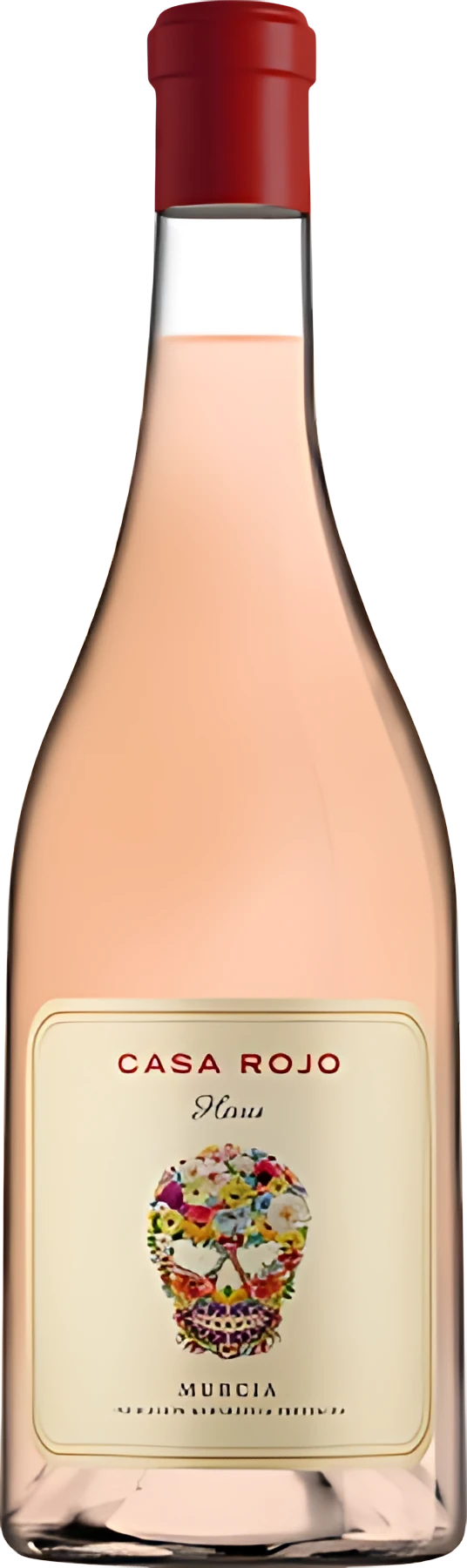 Rosé-Weinflasche Casa Rojo Haru mit buntem Etikett, stehend auf weißem Hintergrund