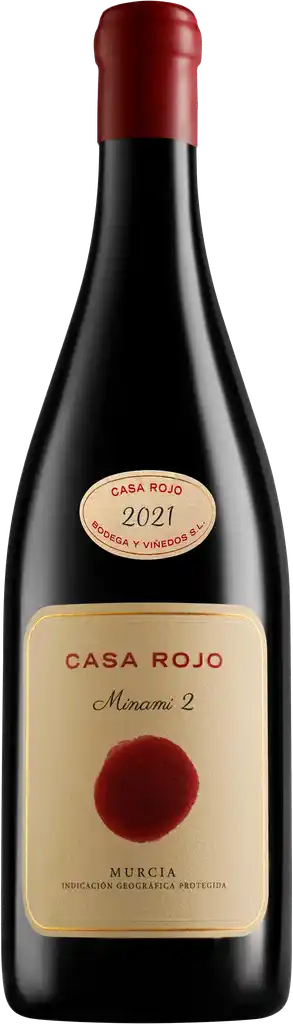 Bottle of Casa Rojo Minami II red wine with label on a light background