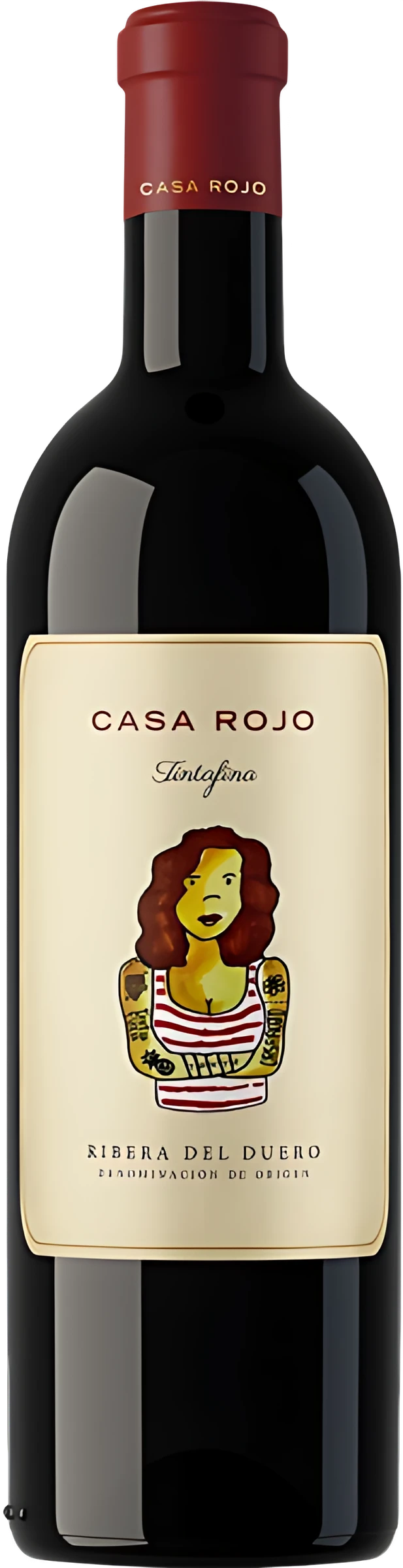 Rote Weinflasche Casa Rojo Tintafina mit auffälligem Etikett, spanischer Rotwein