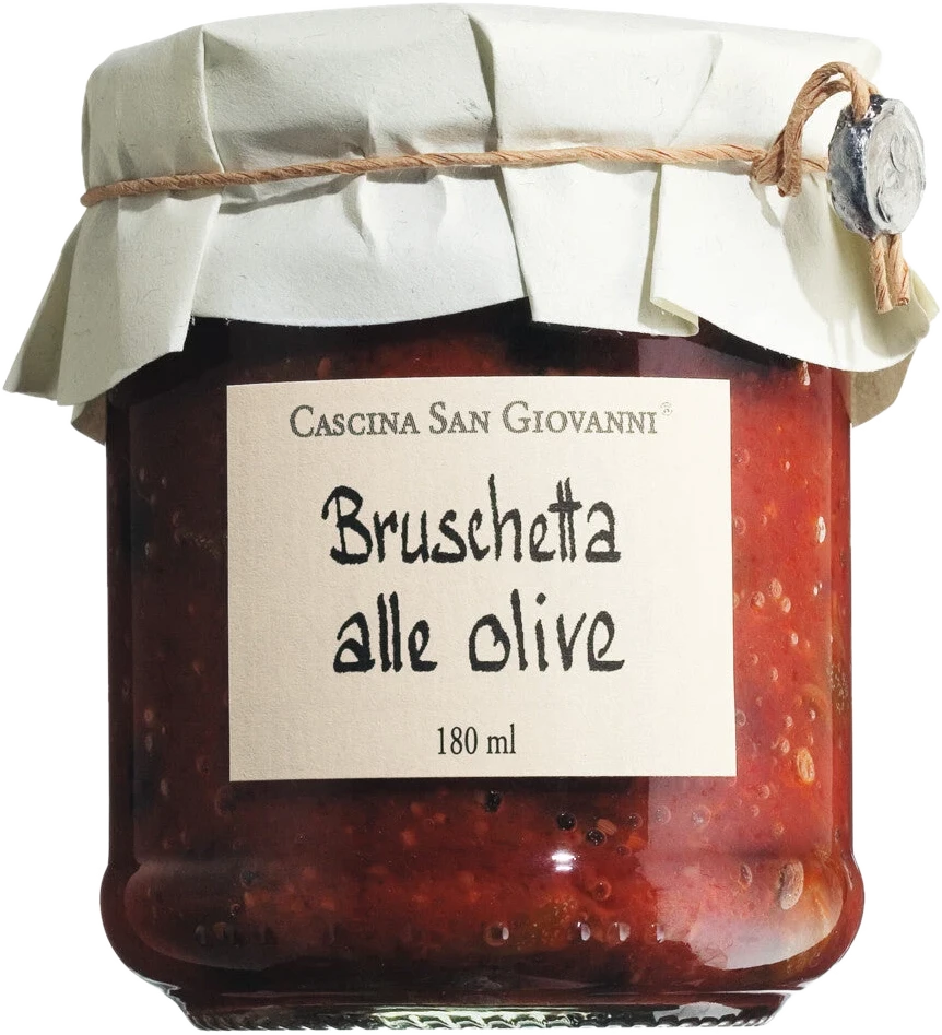 Cascina San Giovanni Bruschetta alle olive – Aufstrich mit Tomaten, Oliven und Kräutern im Glas.