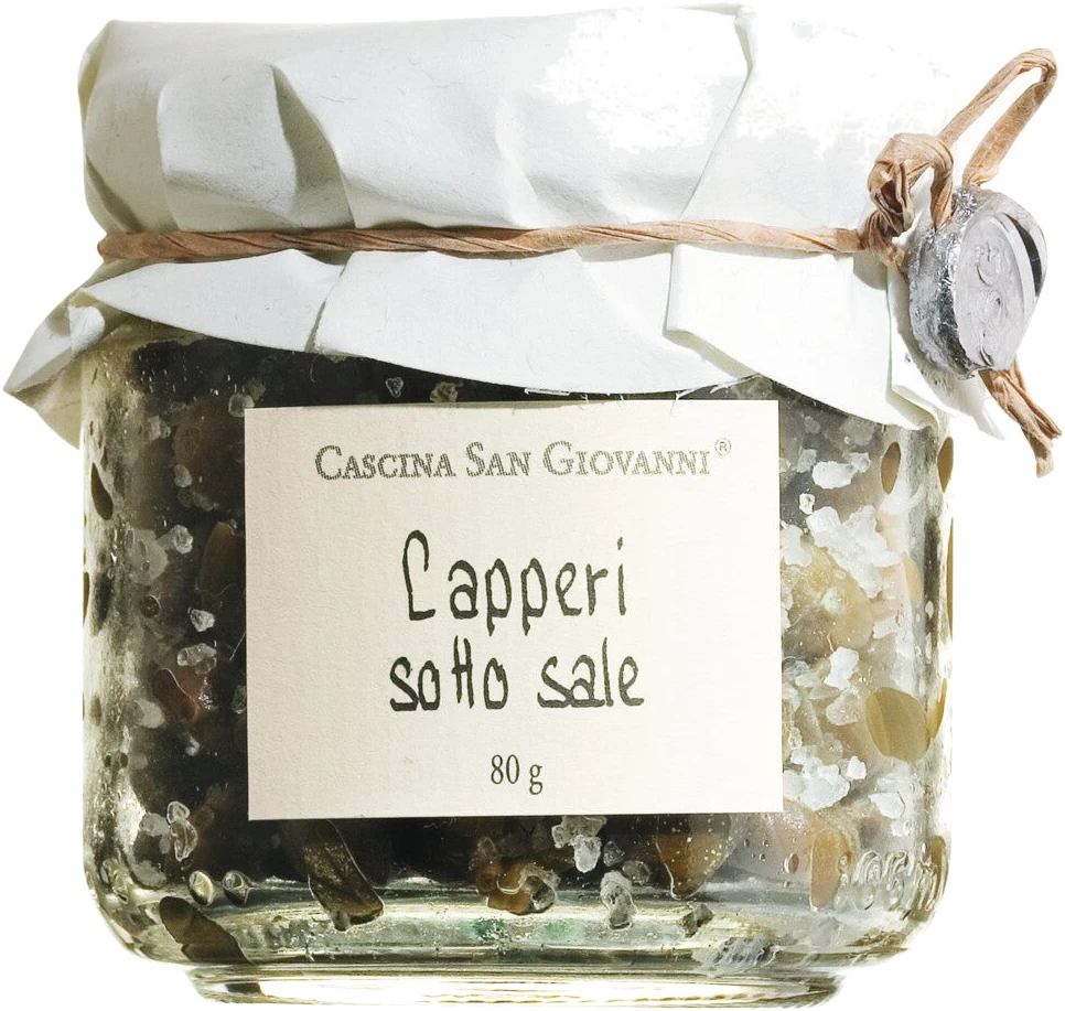 Cascina San Giovanni Capperi sotto sale – Salzkapern in grobem Meersalz aus Italien, im Glas