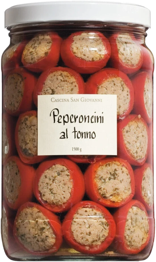Cascina San Giovanni Peperoncini farciti al tonno – Glas mit in Öl eingelegten, thunfischgefüllten Kirschpaprika