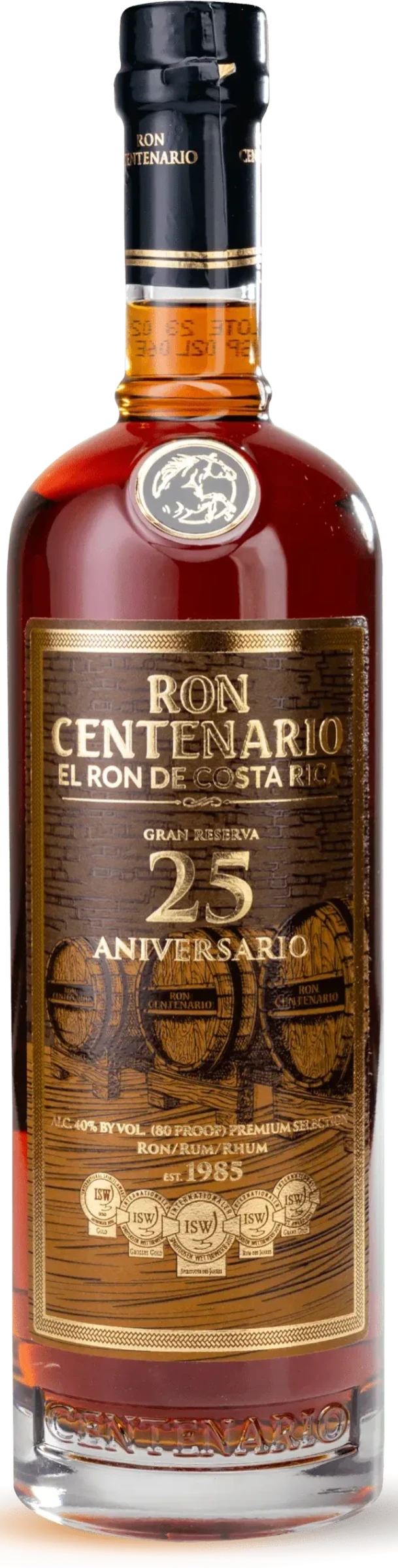 Flasche Centenario Rum 25 Gran Reserva von Centenario Internacional S.A., dunkler Rum in eleganter Flasche