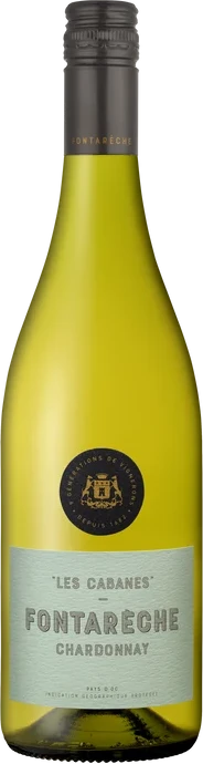 White wine bottle Chardonnay Les Cabanes from Chateau Fontarèche with a light label