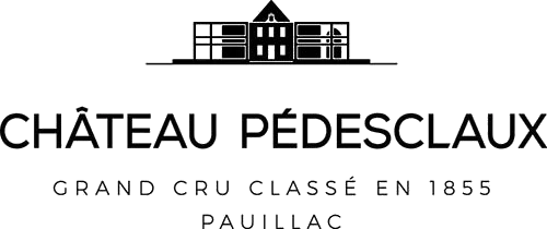 Logo von Château Pédesclaux mit Gebäudezeichnung und Schriftzug Grand Cru Classé en 1855, Pauillac