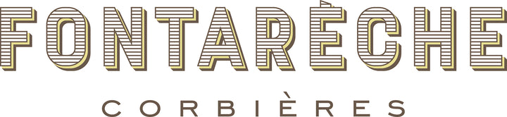 Logo von Château Fontarèche Corbières: Schriftzug in Großbuchstaben mit Linien-Effekt in Gold und Braun.