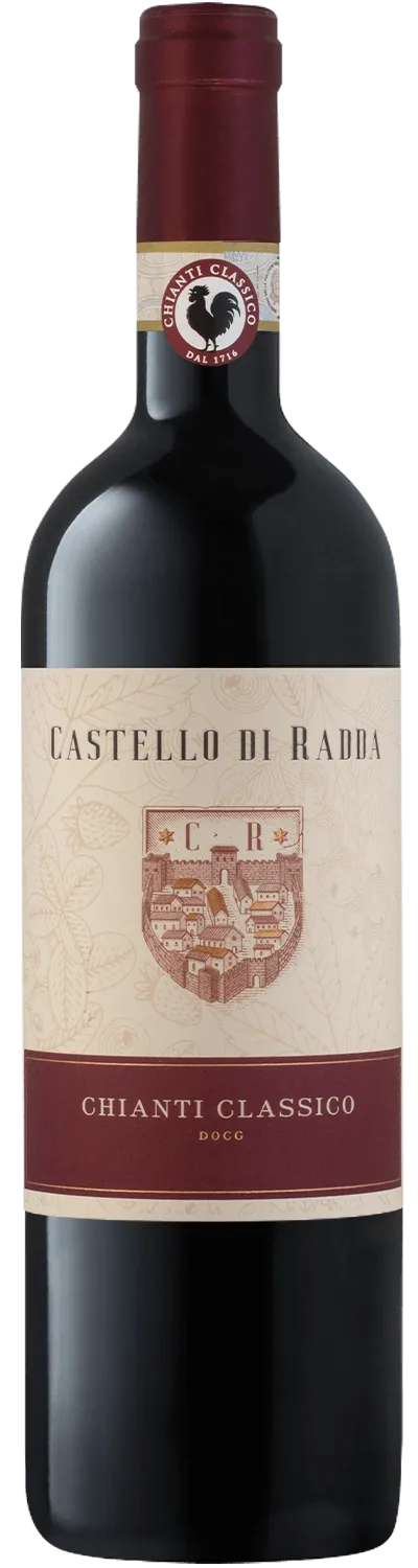 Flasche Chianti Classico DOCG von Castello di Radda, italienischer Rotwein in dunkler Bordeauxflasche