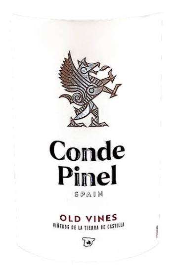 Weißes Etikett mit braunem Fabelwesen-Logo, Schriftzug Conde Pinel, Spain, Old Vines, Viñedos de la Tierra de Castilla