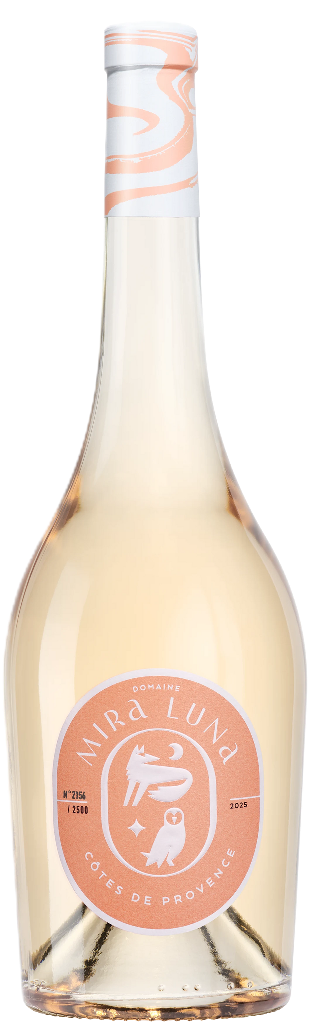 Domaine Mira Luna Côtes de Provence Rosé in heller Lachsrosa-Farbe in schlanker Flasche mit hellem Etikett