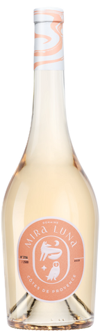 Domaine Mira Luna Côtes de Provence Rosé in a light salmon pink color in a slim bottle with a light label