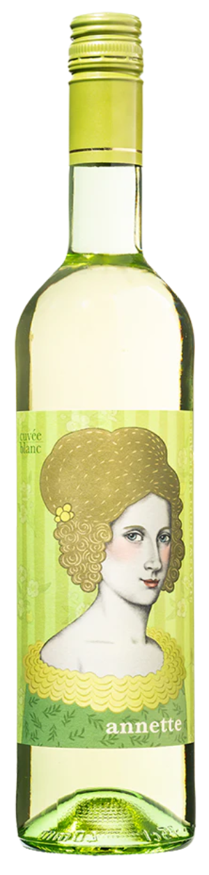 Weißwein Cuvée Annette blanc vom Staatsweingut Meersburg, stehende Flasche mit Etikett