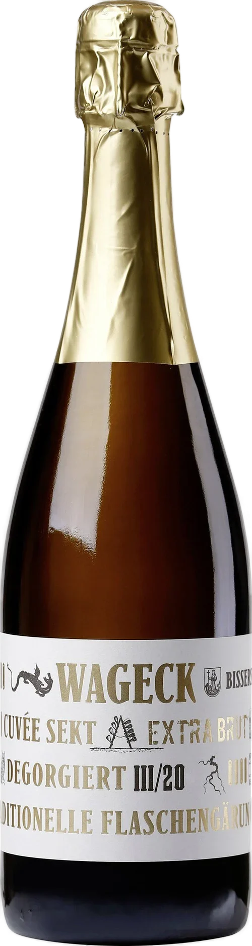 Bottle of Cuvée Sekt extra brut from the Wageck Pfaffmann winery, German sparkling wine from the Palatinate
