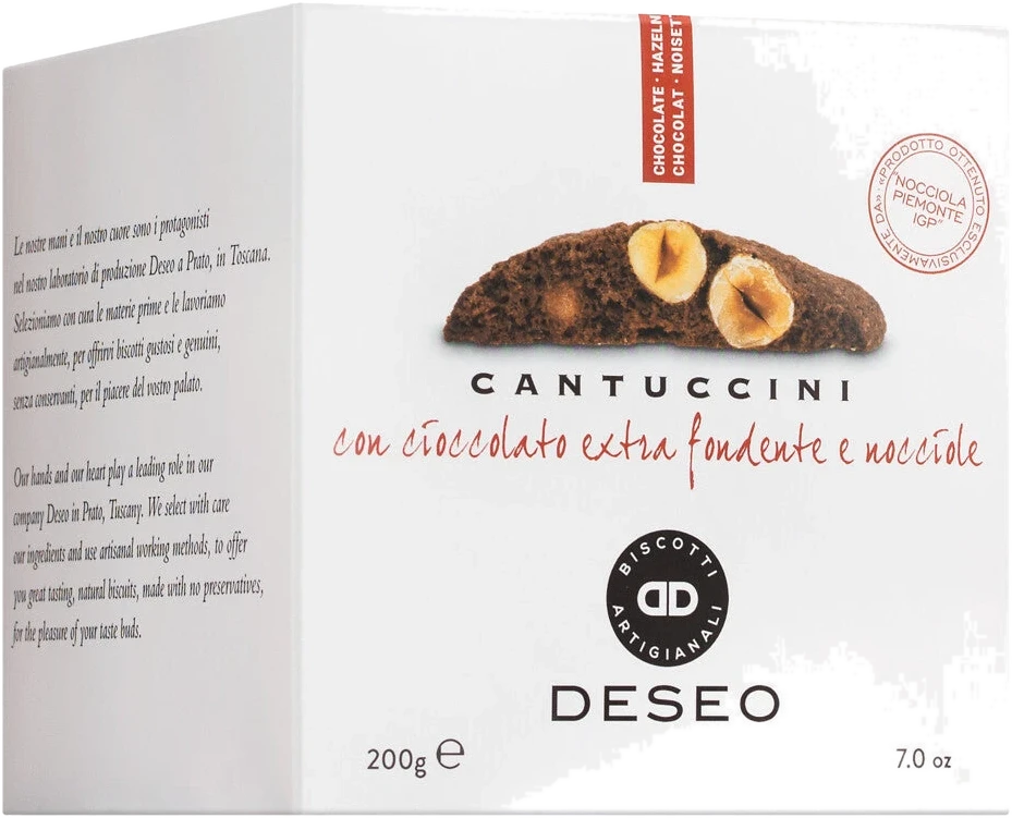 Cantuccini mit Haselnüssen und Bitterschokolade von DESEO srl in einer Packung, toskanisches Mandelgebäck