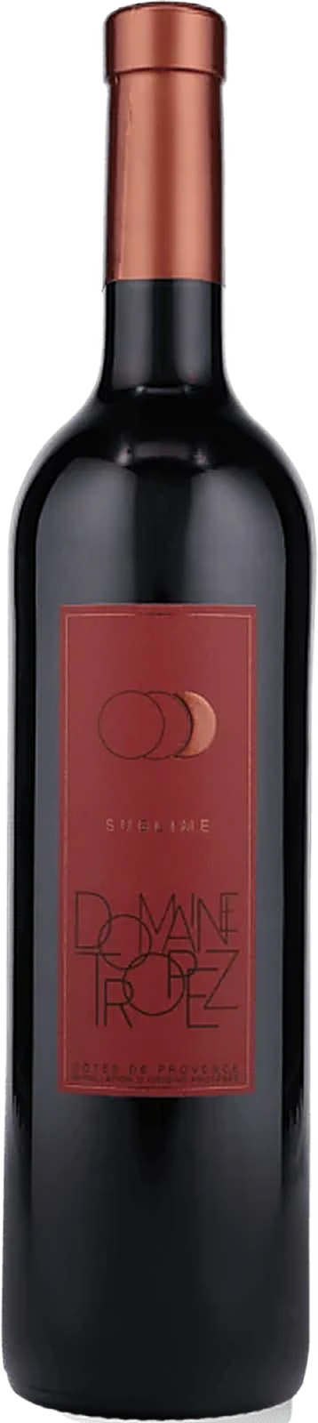 Flasche Domaine Tropez Sublime Rouge, Rotwein aus der Provence, tiefes Rubinrot, elegantes Etikett mit Weingutmotiv