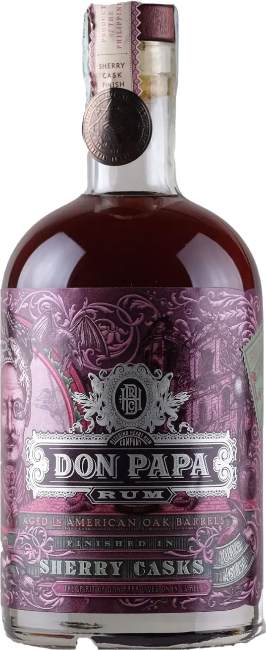 Don Papa Sherry Cask Rum 0.7l in a dark bottle with a gold-colored label and sherry cask maturation.