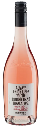 Roséwein-Flasche Emil Bauer Enjoy Rosé mit hellem Etikett auf weißem Hintergrund