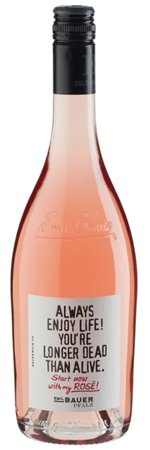 Roséwein-Flasche Emil Bauer Enjoy Rosé mit hellem Etikett auf weißem Hintergrund