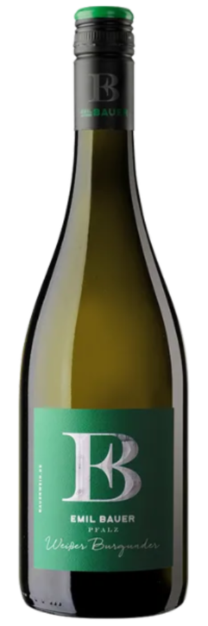 Weißweinflasche Emil Bauer Weisser Burgunder, helles Etikett mit Schriftzug des Weinguts