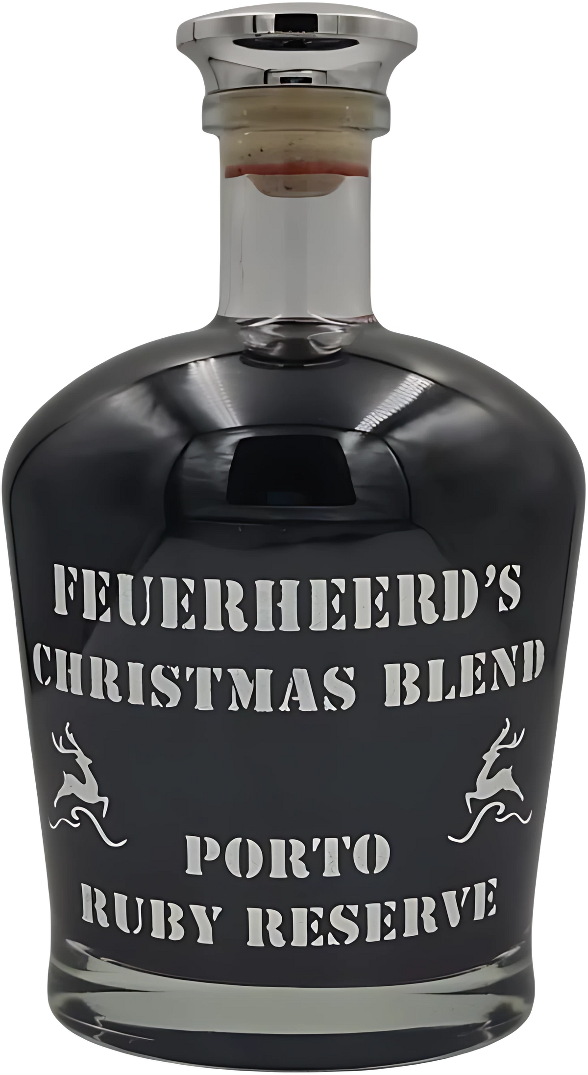 Feuerheerds Ruby Reserve Christmas Blend – Portwein in tiefrubinroter Flasche mit weihnachtlichem Etikett.