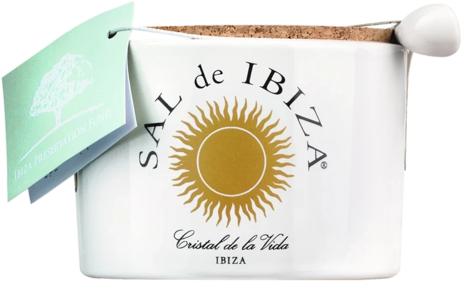 Fleur de Sel Isla Blanca by SAL de IBIZA in a small white ceramic pot, herb salt