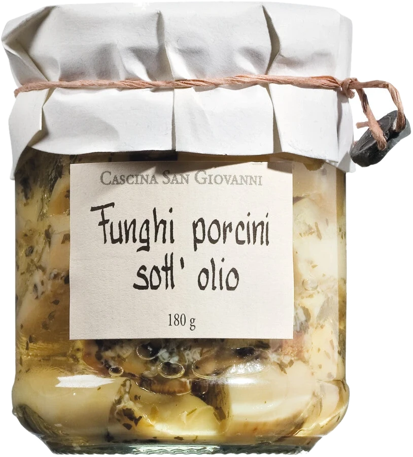 Glas mit eingelegten Steinpilzen in Olivenöl – Funghi porcini sott'olio, klassisches italienisches Antipasto