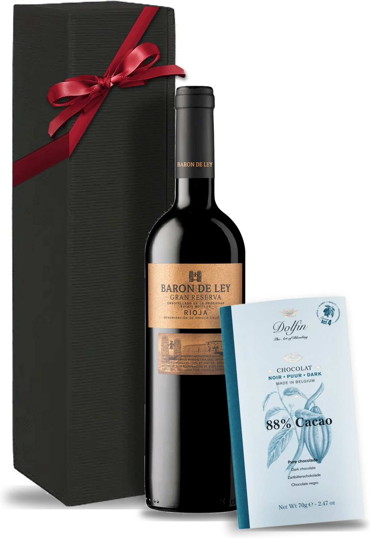 Gift set with Barón de Ley Gran Reserva red wine and Dolfin Noir 88% chocolate in a gift box