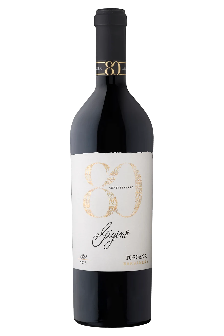 Barbanera Gigino Rotwein, stehende Weinflasche mit Etikett