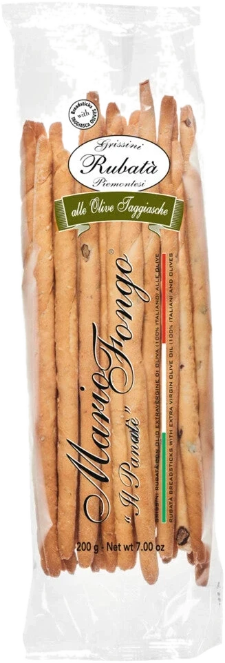 Grissini Rubatà alle olive Taggiasche, 200g – dünne, knusprige Brotstangen mit Taggiasca-Oliven aus Ligurien.