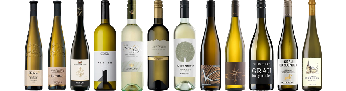 Die zwölf Weine aus „Hauptsache Grauburgunder“: Wolfberger Pinot Gris Grand Cru Hengst, Wolfberger Pinot Gris Grand Cru Pfingstberg, Pinot Gris Grand Cru Bernard Massard, Puiten Pinot Grigio, Zenato Pinot Grigio, Elena Walch Pinot Grigio Selezione DOC, "Rocca Ventosa" Pinot Grigio Terre di Chieti, Kesselring Grauburgunder, Grauburgunder Gutswein, Markus Schneider Grauburgunder, Matthias Gaul Grauburgunder, Pinot Gris Château de Schengen