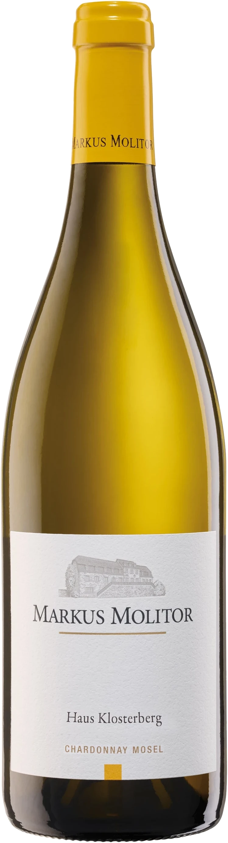 Weingut Markus Molitor Haus Klosterberg Chardonnay, Weißwein in einer schlanken Glasflasche mit weißem Etikett